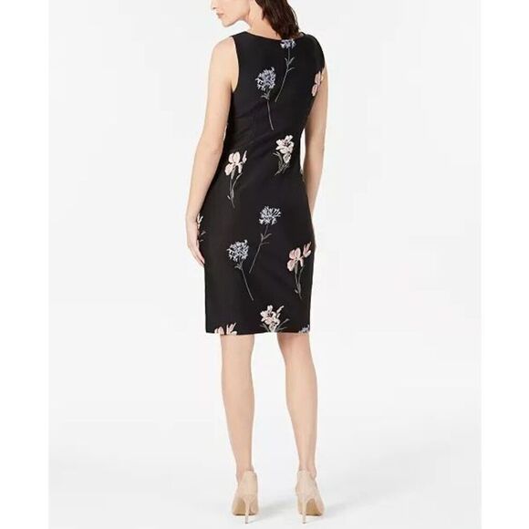 Calvin Klein Women's 4 High Neck Sleeveless Sheath Dress Black Embroidered Flora - Picture 2 of 10